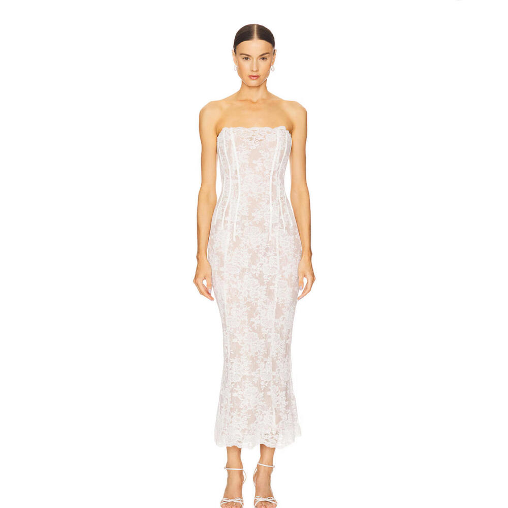 V. Chapman White Strapless Lace Midi Dress